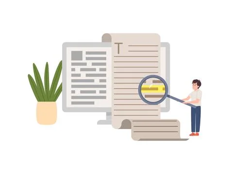 Man studying electronic document with magnifier. Stockillustratie