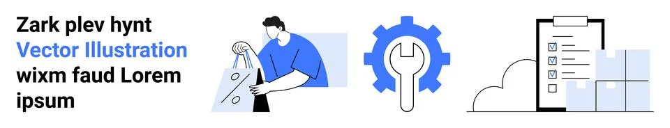 Man studying financial data on large sheet. Blue wrench inscribed in gear. Ch イラスト素材