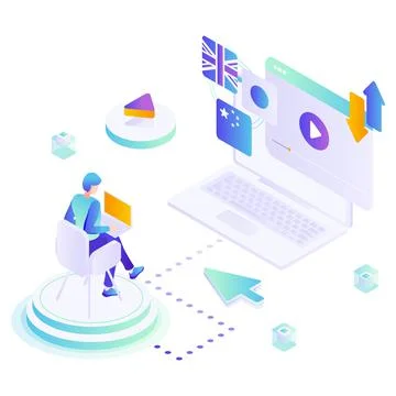 Man studying foreign language, watching video lesson, vector isometric Illustrazione stock