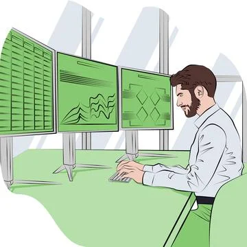 A man is studying the reports. Outline 스톡 일러스트