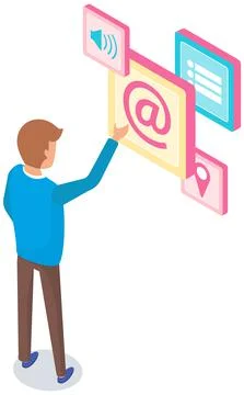Man studying software of technology. Icons of smartphone apps, social media Illustrazione stock
