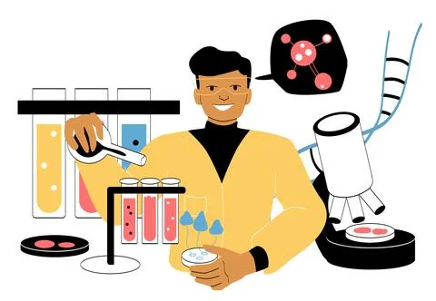 Man studying soil. Young guy conducts scientific research in laboratory Stock Illustration