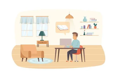 Man studying using computer or reads e-book sitting at table in room scene. S Illustrazione stock