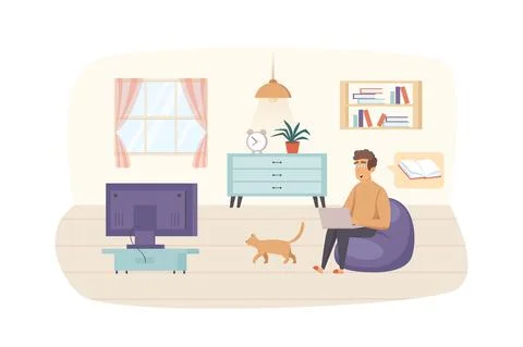 Man studying using laptop sitting on bag chair with cat in living room scene. Illustrazione stock