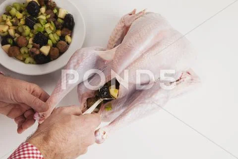 Man stuffing raw turkey with ingredients of celery, preserved plums, potatoes, Stock Photos
