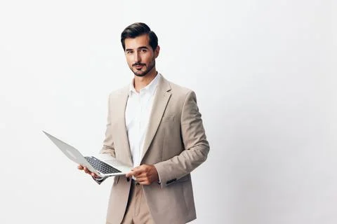 Man stylish computer smiling suit copyspace business job freelancer internet Stock Photos