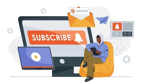Man subscriber concept. Young guy sitting near computer monitor with subscribe Stock Illustration