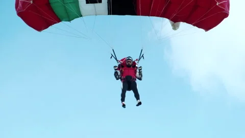 Man Successfully Lands on Trampoline. Skydiving. Extreme Sport. Adrenaline Stock Footage 196202929