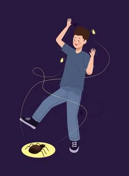 Man sufering of arachnophobia Stock Illustration