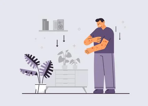 Man suffering from acnes pimples and red spots on skin unhealthy body sickness Stock Illustration