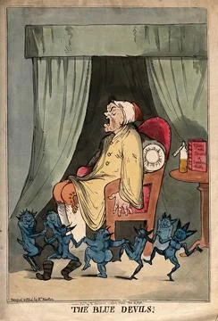 A man suffering from attack by blue devils; representing depression or ment.. Ilustração Stock