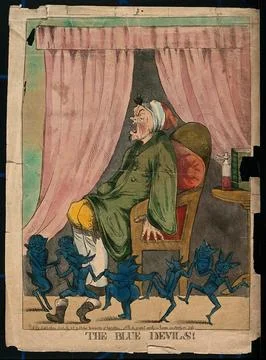 A man suffering from attack by blue devils; representing depression or ment.. Stock Illustration