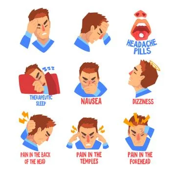 Man suffering from headache and dizziness set, disease of the head, migraine Stock Illustration