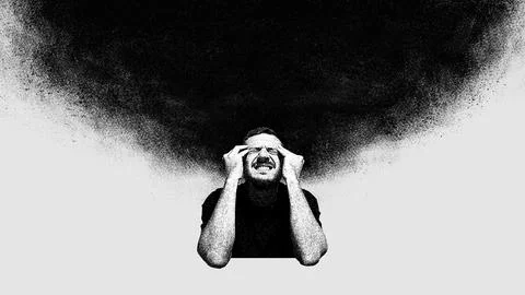 Man suffering from obsessive thoughts, creating darkness around him. Focus on Stock Photos