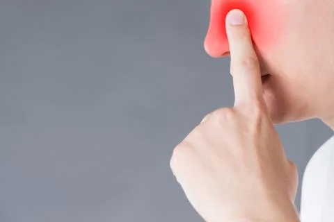 Man suffering from a sinusitis, studio shot on gray background Stock Photos