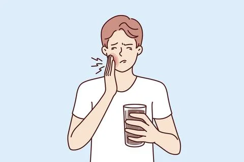 Man suffers from toothache caused by cold drink and needs pain medication and Illustrazione stock