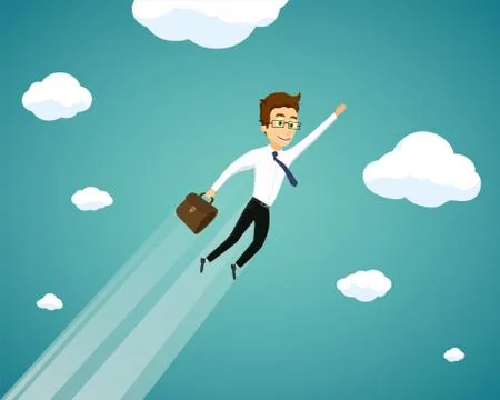 Man in a suit and with a briefcase flies in the sky. Stock Illustration