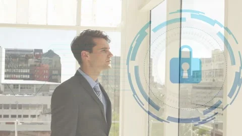 Man in suit approaching window, blue padlock HUD growing and rotating, signaling Stock Footage 334338106