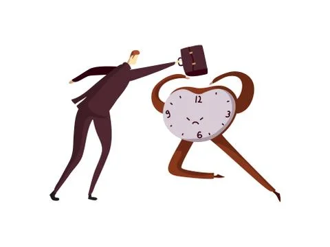 Man in a suit beats a briefcase on the clock. Vector illustration on white Stock Illustration