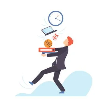 Man in a suit carries a large stack of different objects. Vector illustration. Stock Illustration