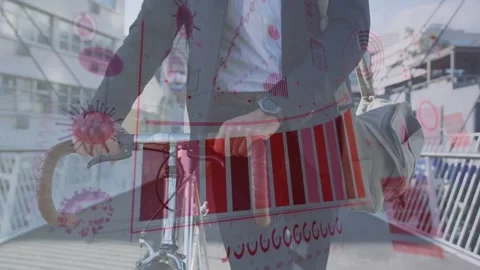 Man in suit gripping bars, pushing bike, commuting while red health charts Stock Footage 333999082
