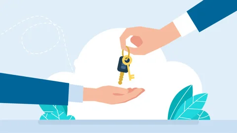Man in a suit hands over keys. Sale, rent, buying. Guy holds a bunch of keys Vidéo 329623166