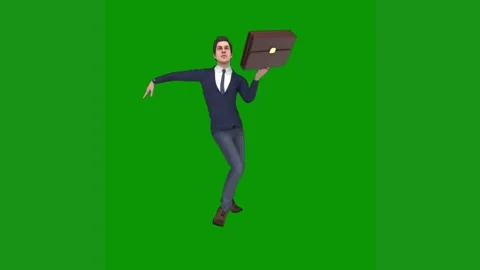 Man suit is holding briefcase tie jumping green screen folder running waving 動画素材 314064720