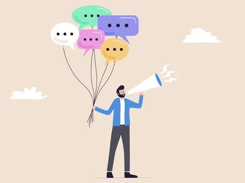 Man in Suit Holding Chat Balloon Promotion with Loudspeaker Stock Illustration