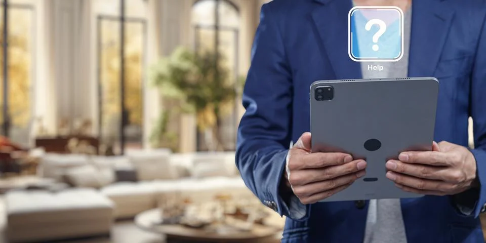Man in Suit Holding Tablet with Help Icon in Modern Room Setting Stock Photos