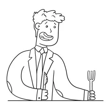 A man in suit knocks on table with fork and knife Stock Illustration