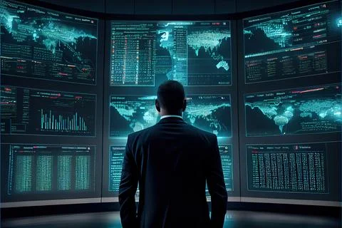 A Man In A Suit Looking At A Wall Of Monitors With Data On Them In A Dark Room Stock Illustration