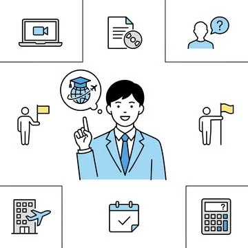 Man in suit pointing up with thought bubble of globe and graduation cap, su.. Stock Illustration