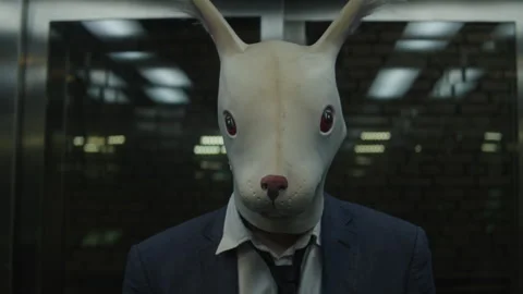 A man in a suit with rabbit mask in an elevator Video stock 259658044