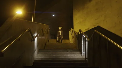 A man in a suit with rabbit mask going down the stairs Stock Footage 259655560