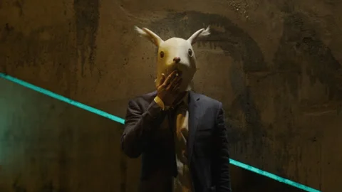 A man in a suit with rabbit mask having a smoke Stock Footage 259652320