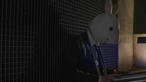 A man in a suit with rabbit mask opening his briefcase 스톡 동영상 259642649