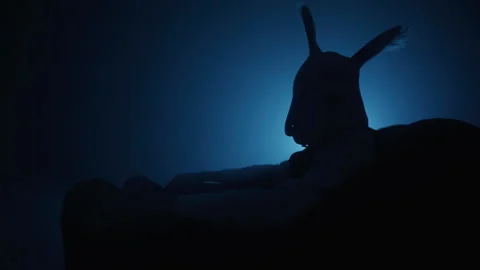 A man in a suit with rabbit mask sitting on the sofa in the club Stock Footage 259018148