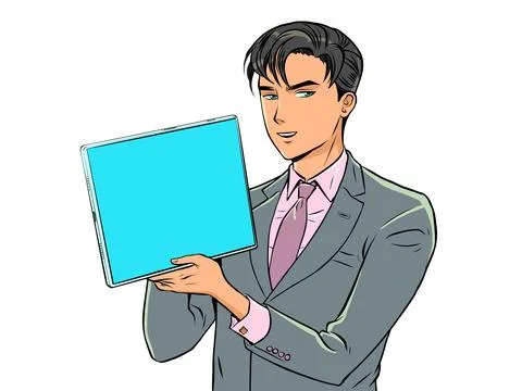 A man in a suit shows a screen. Proposal of a new function, product, service. To Stock Illustration