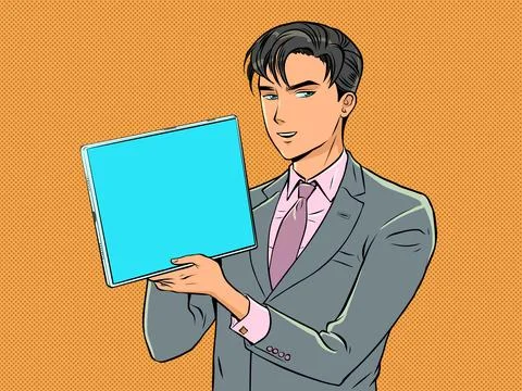 A man in a suit shows a screen. Proposal of a new function, product, service. To Stock Illustration