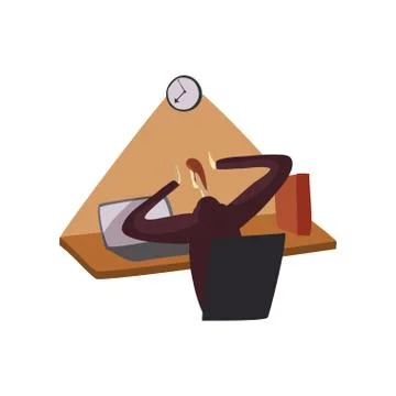 Man in a suit sits at a table in front of a laptop. Vector illustration on white Stock Illustration