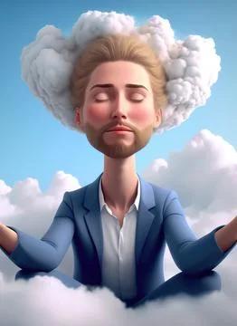 Man in a suit sitting on a cloud doing yoga, ai generated 库存插图