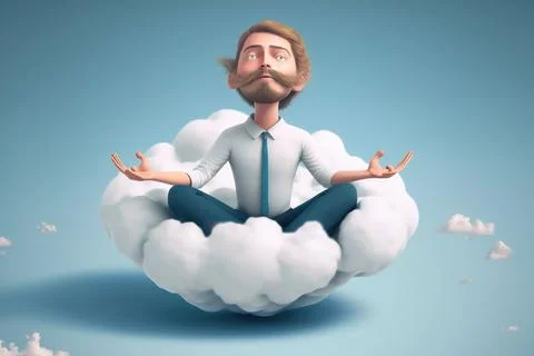 Man in a suit sitting on a cloud doing yoga, ai generated Illustration