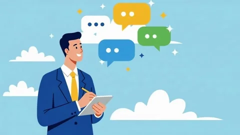 Man in suit with speech bubbles writing on a notepad, Stock Footage 317949926