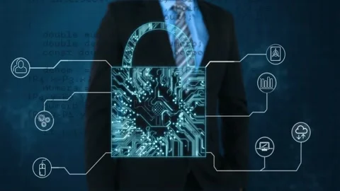 Man in suit standing behind glowing padlock connecting cybersecurity icons over Stock Footage 328312188