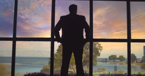 Man in suit standing in front of the big window, looking outside at the lake, Stock Footage 146199962