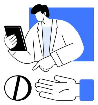 Man in Suit with Tablet, Hand Gesture, and No-Entry Symbol, Emphasizing Bus.. 스톡 일러스트