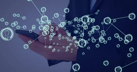 Man in suit tapping phone and initiating hologram business network, nodes Stock Footage 333833345