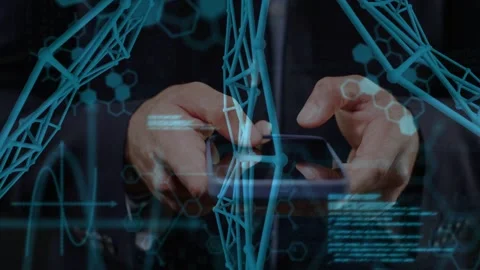 Man in suit tapping smartphone, initiating blue tech mesh overlays, scrolling Stock Footage 333911067