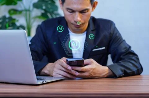 Man in Suit Using Smartphone with Artificial Intelligence Graphics Stock Photos