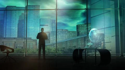 Man in a suit at the window in the office of the future, 3D render. Stock Illustration